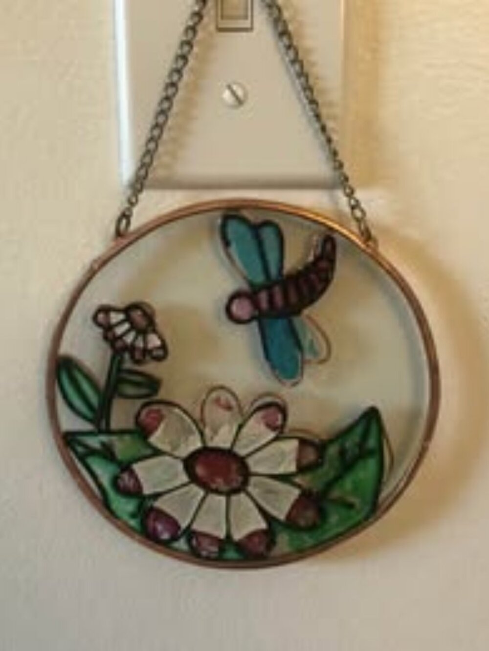 Round Stained Glass Dragonfly and Flower Suncatcher